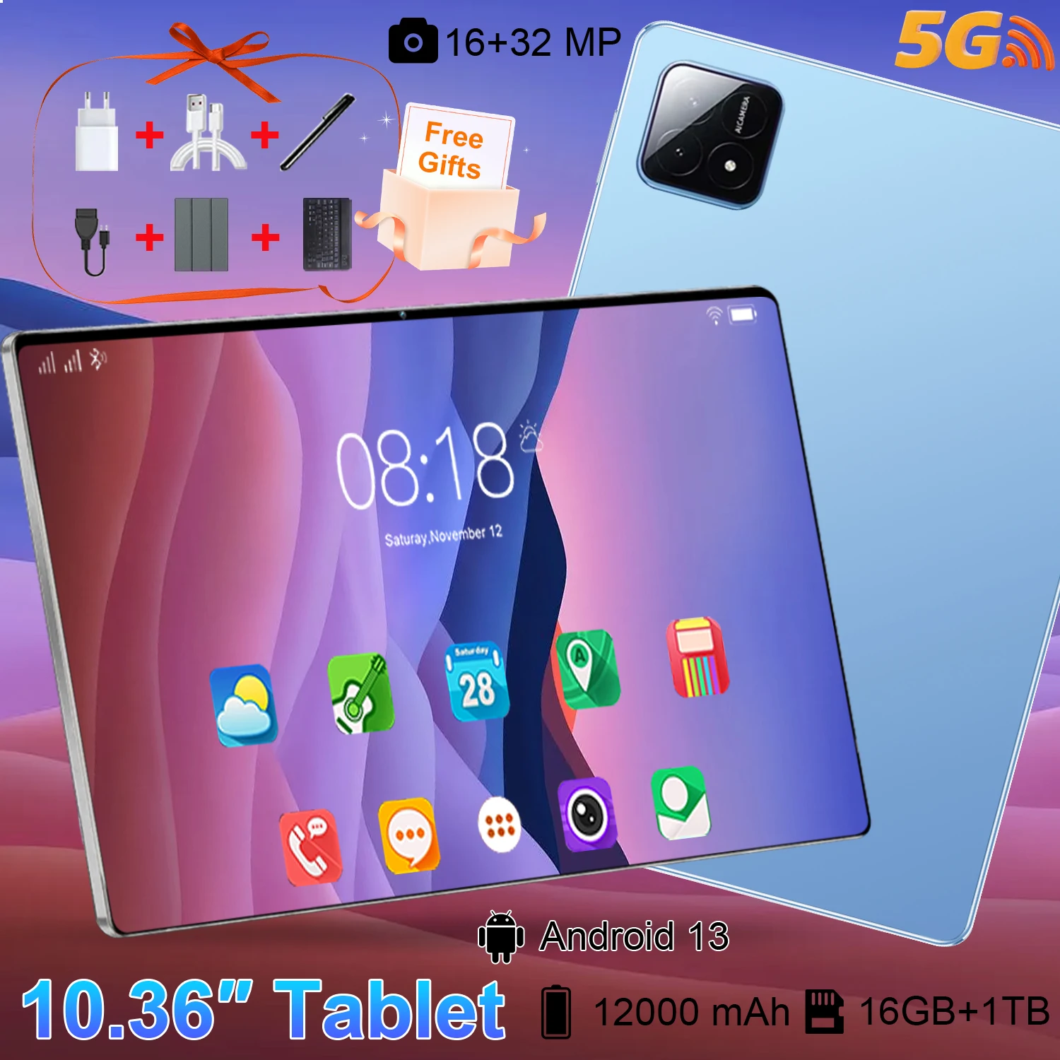 Tableta táctil de 10,36 pulgadas con sistema Android 13, procesador de 10 núcleos, 16 GB de memoria RAM y 1 TB de almacenamiento, batería