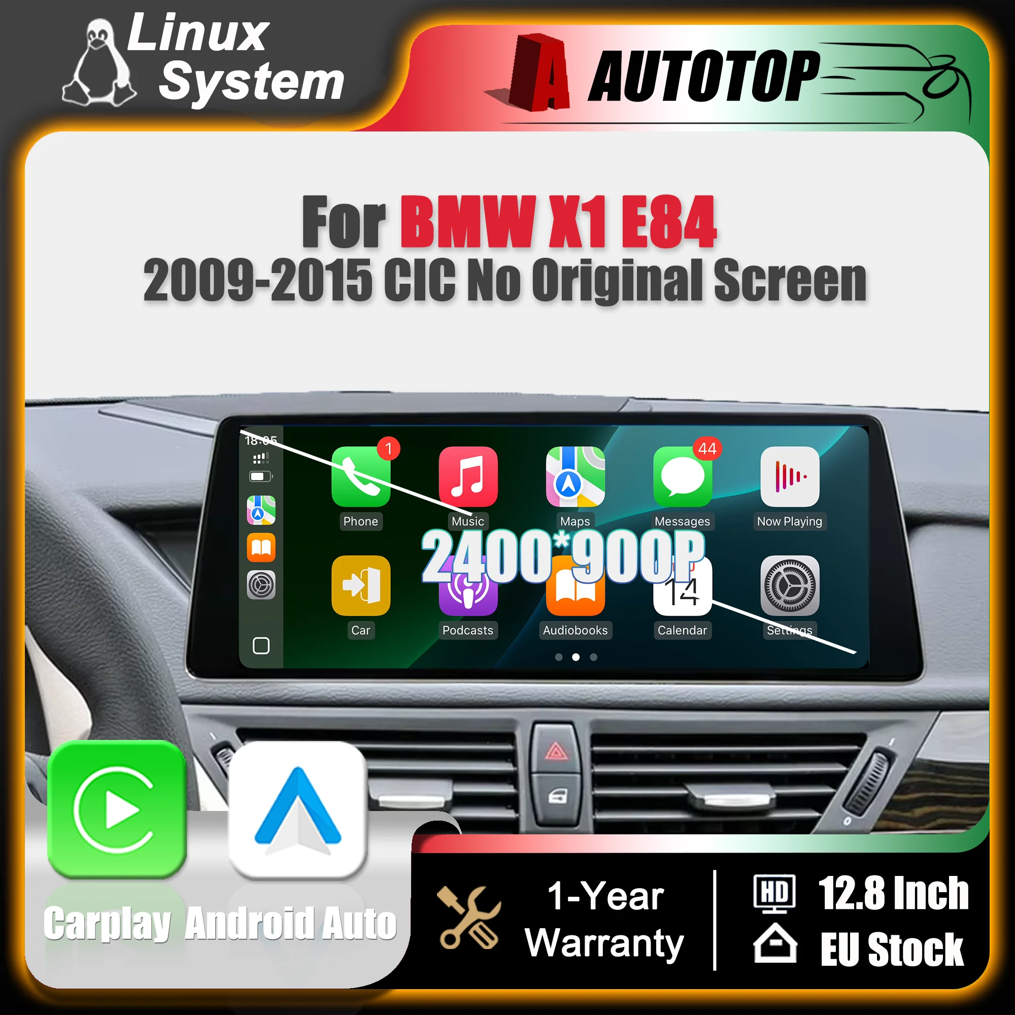 Autoradio 12,8 pouces 2400*900P avec écran tactile, CarPlay sans fil, Android Auto, système Linux pour BMW X1 E84 2009-2015 CIC, sans écran d'origine, avec iDrive, Mirror Link, GPS, navigation, lecteur multimédia