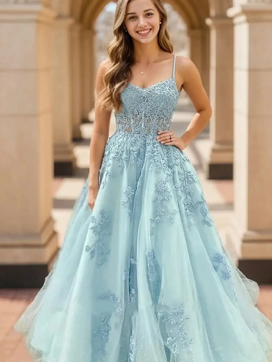 Eleganc A-line Princess Tulle Spaghetti Straps Floor-Length Corset Dress With Appliques Evening Dress vestidos de fiesta mu2024