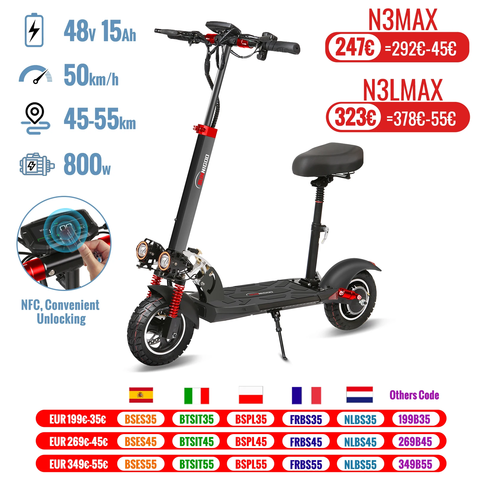 Scooter elettrico con sedile 800W Velocità massima 45-50 km/h Portata 35-55 km Pneumatici fuoristrada da 10 pollici Doppio scooter pieghevole con assorbimento degli urti