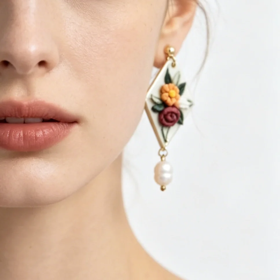 Vintage Handmade Cluster Flower Polymer Clay Drop Earrings with Pearl Delicate Dangle Earrings for Women And Girls Daily Accesso