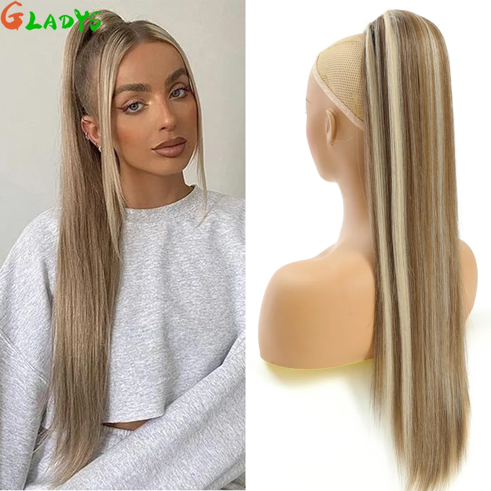 Extensões de Rabo de Cavalo Liso com Cordão, Loiro Ombré, Fibra de Alta Temperatura, 28 Polegadas, Cabelo Sintético para Mulheres
