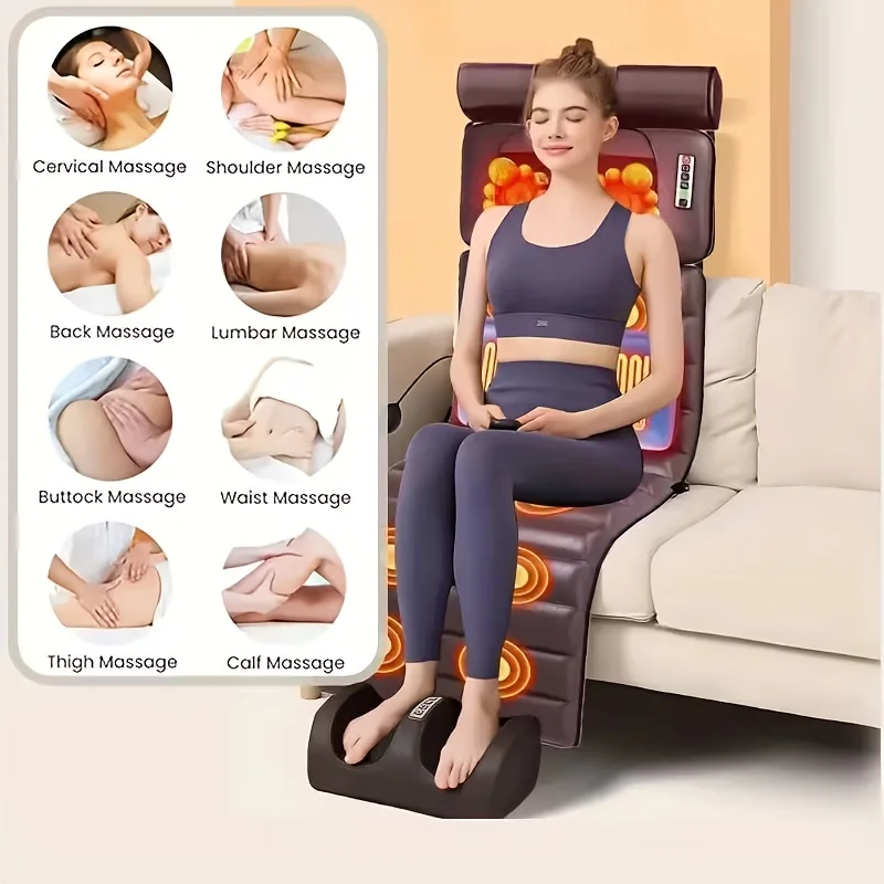 Full Body Massage Mat with Heat, 12 Vibration Nodes Massage Chair Pad 3 Heating Levels, Multifunctional Full Body Flannel Seat Back Massager with Head Lumbar Foot Massage Pillow for Home Office