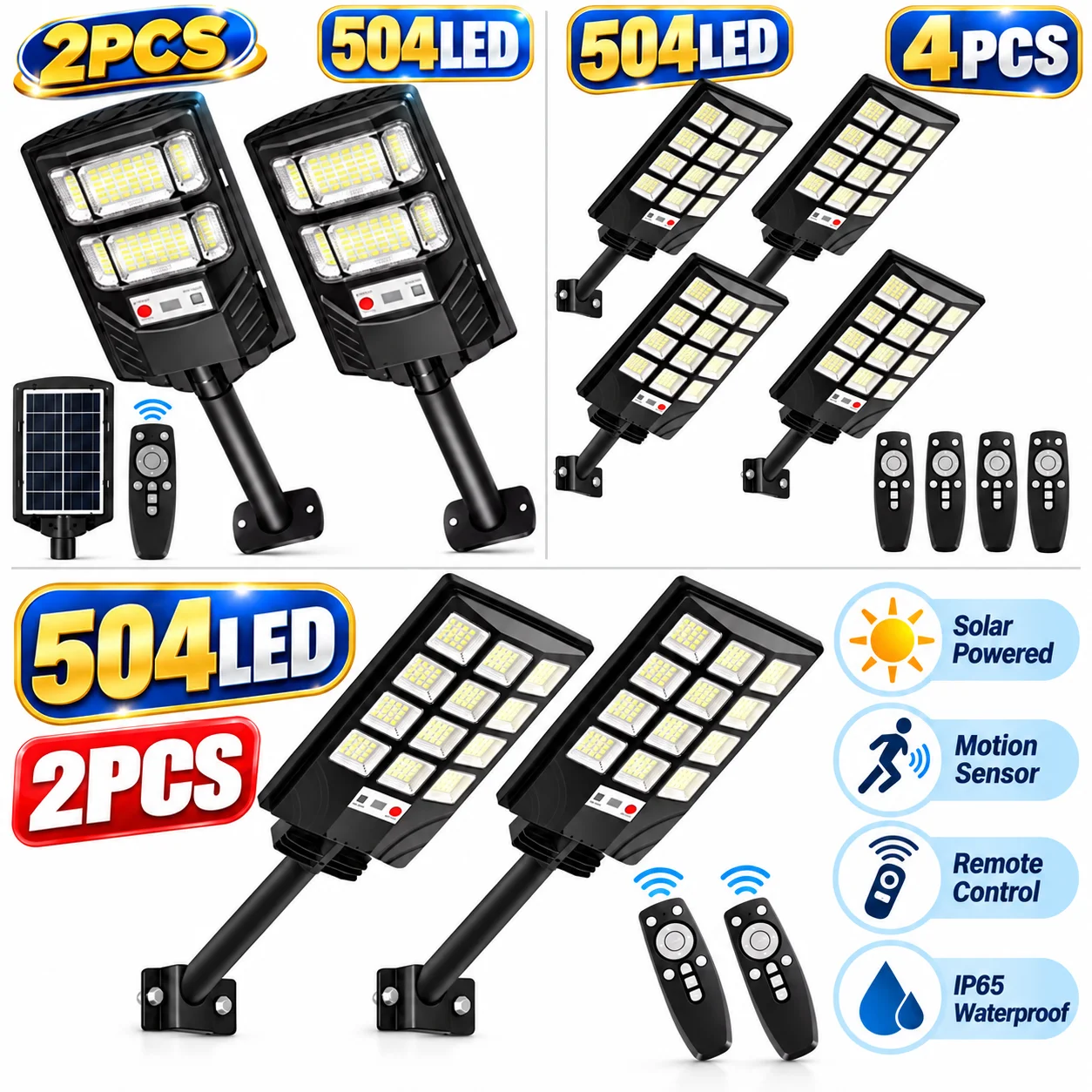 2/4PCS Solar Street Lights Outdoor Waterproof, Ip65 Solar Street Lights, 504leds Solar Parking Lights Solar Street Lights Dusk to Dawn, Solar Floodlights for Yards, Decks, Gardens