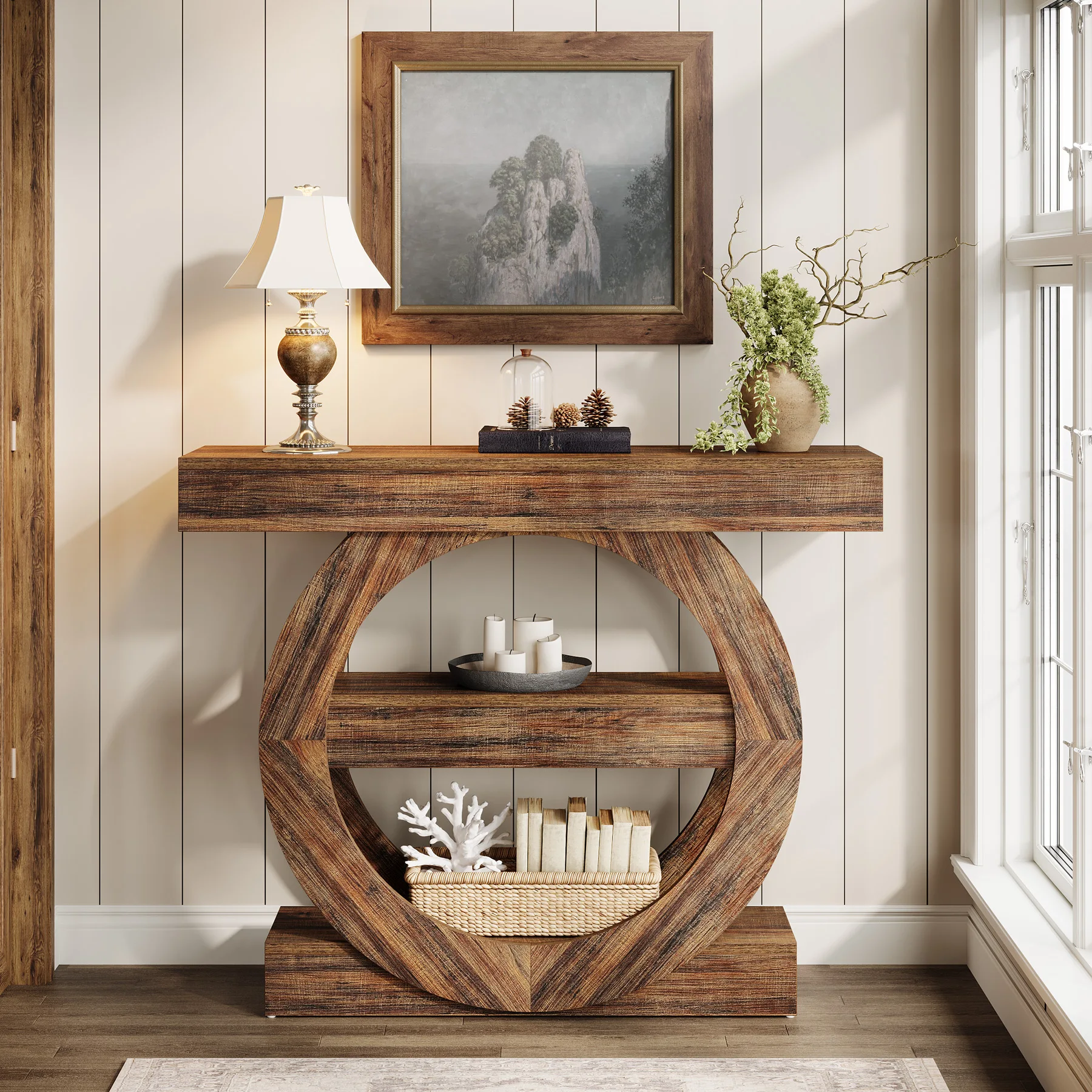 Tavolino consolle Tribesigns, 105x30x80 cm, tavolino da ingresso a 3 ripiani con scaffali, tavolino da ingresso in stile industriale con base rotonda, tavolino stretto per soggiorno o corridoio.
