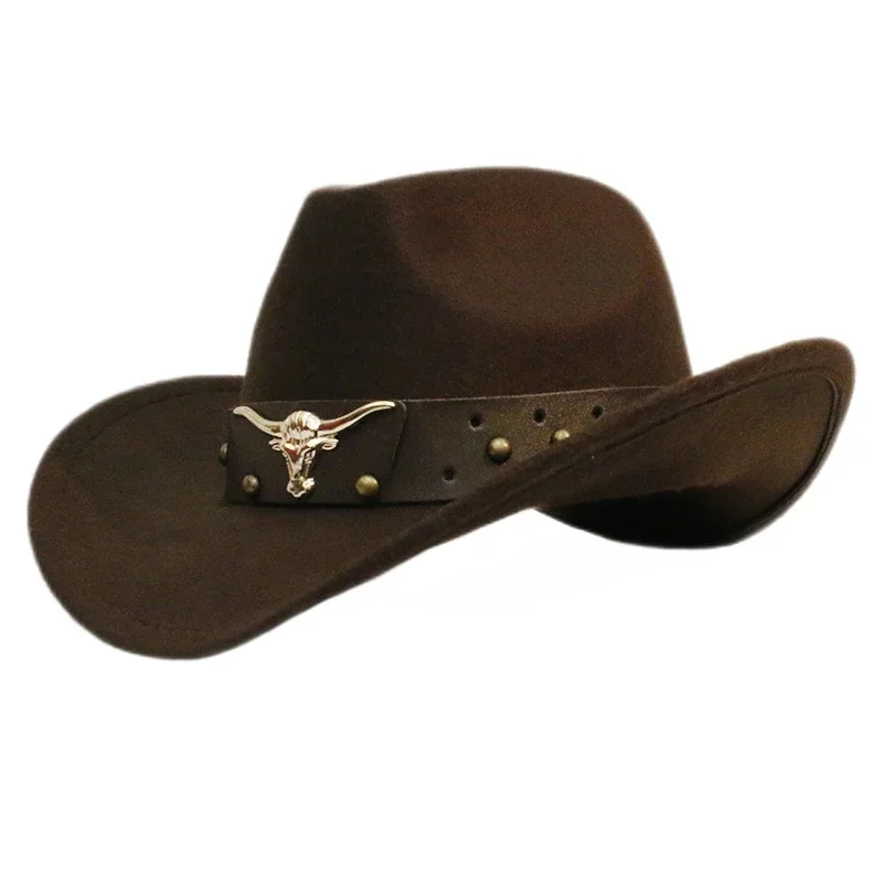 Chapeau de cowboy western à large bord en laine unisexe, tête de bœuf taureau rétro, bande de cuir rivet, chapeau de cow-girl, chapeau de soleil unisexe, hommes et enfants, 54 cm, 57 cm, 61cm