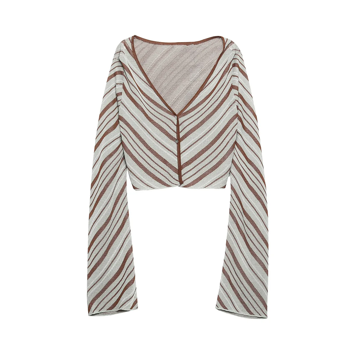 Womens Y2K Striped Crop Knit Sweater V Neck Flare Sleeve Short Cardigan Top Chic French Vintage Party Clubwear Matching Shirts