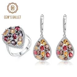 GEM'S BALLET Luxury 925 Sterling Silver Jewelry Set For Women Natural Smoky Quartz Citrine Drop Earrings Ring Set Fine Jewelry