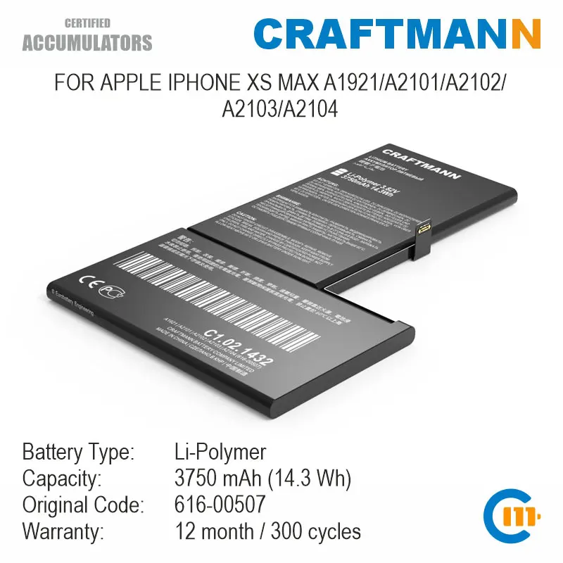 

Craftmann Battery 3750mAh for APPLE IPHONE XS MAX A1921/A2101/A2102/A2103/A2104 (616-00507)