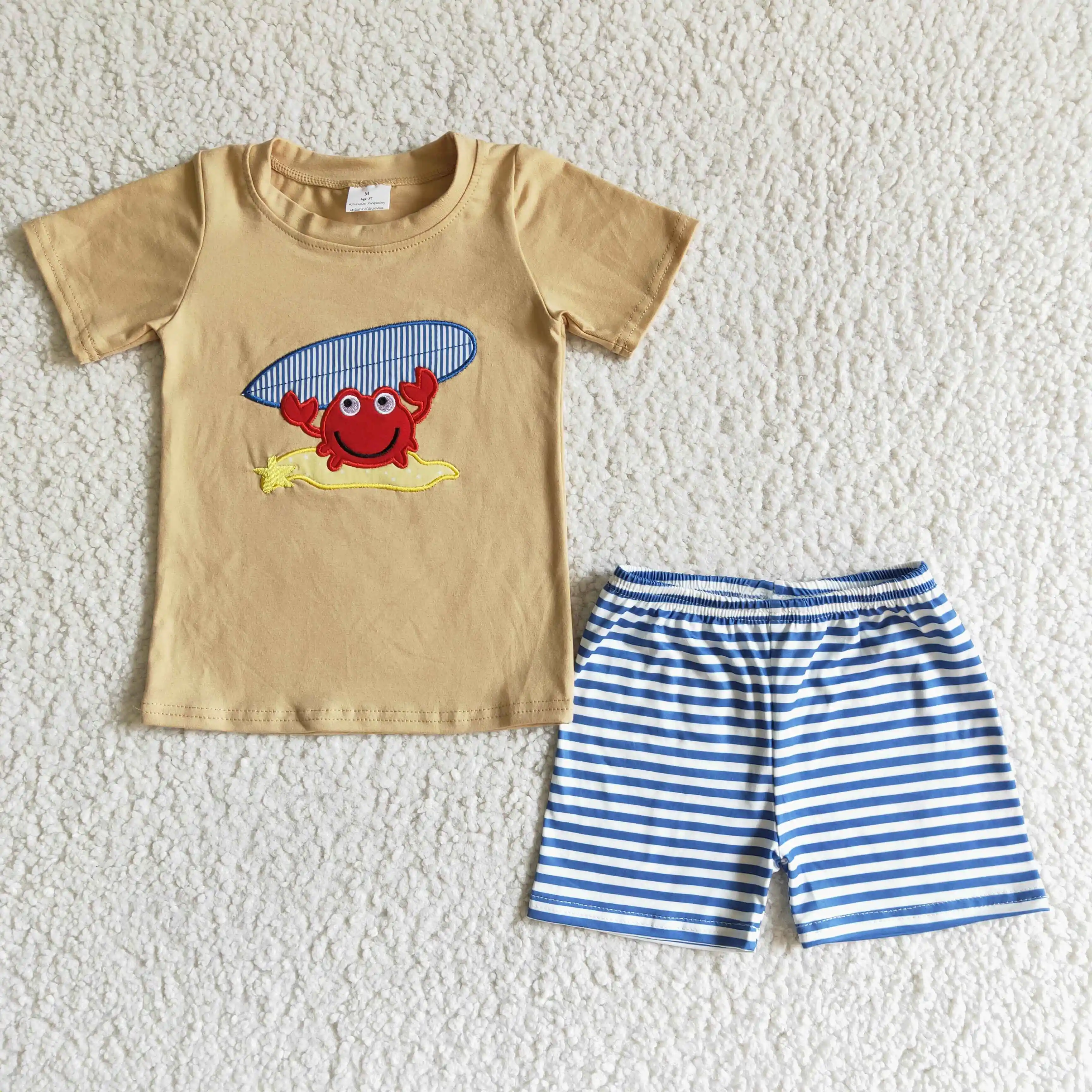 Wholesale Baby Boy Embroidery Clothing Short Sleeves Cotton T-shirt Plaid Shorts Children Kids Sets Outfit