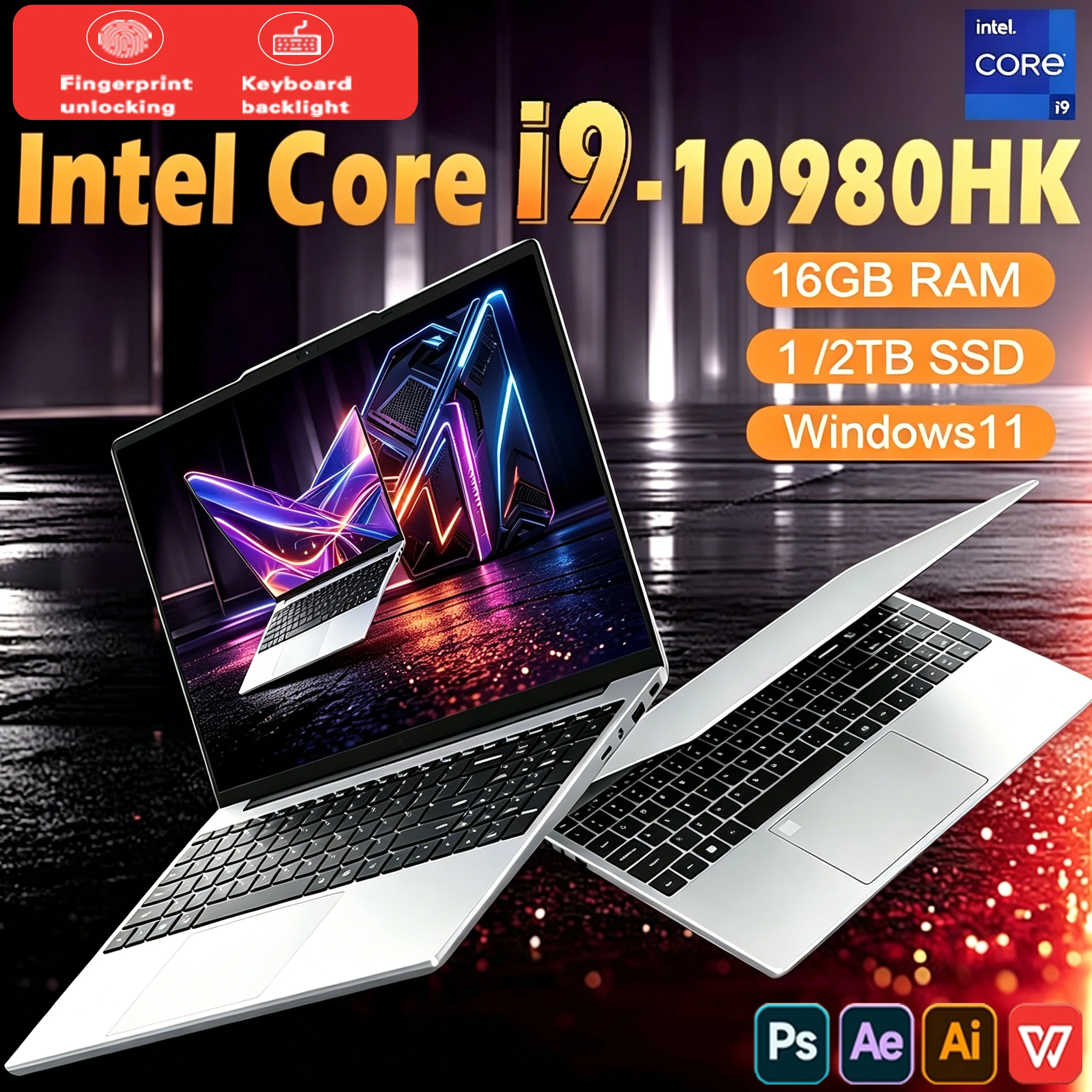 Ordinateur portable 15,6 pouces Intel Core i9-10980HK 16 Go de RAM 1 To SSD Ordinateur portable de jeu 1920*1080 Windows 11 Ordinateur portable pour le bureau, les études et la maison
