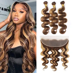 Body Wave Bundles With Frontal P4-27 Natural Brazilian Human Hair 3 Bundle with 13x4 Lace Frontal Honey Blonde Highlight Bundles