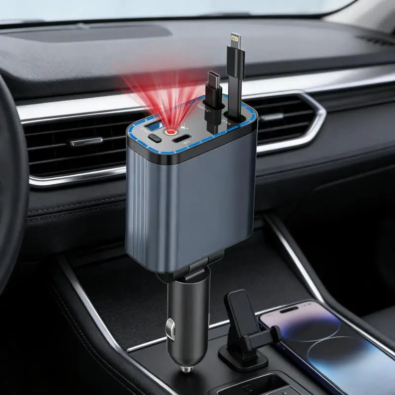 Starlight retractable car charger, 4-in-1 car accessory with cigarette lighter and starlight, retractable fast car phone charger