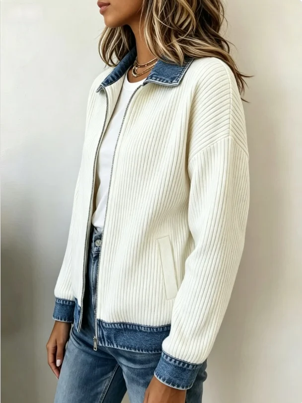 Women Spliced Knit Jacket, Denim Collar Vertical Rib Zip Up Cropped Cardigan Loose Coat For Street Daily Commute
