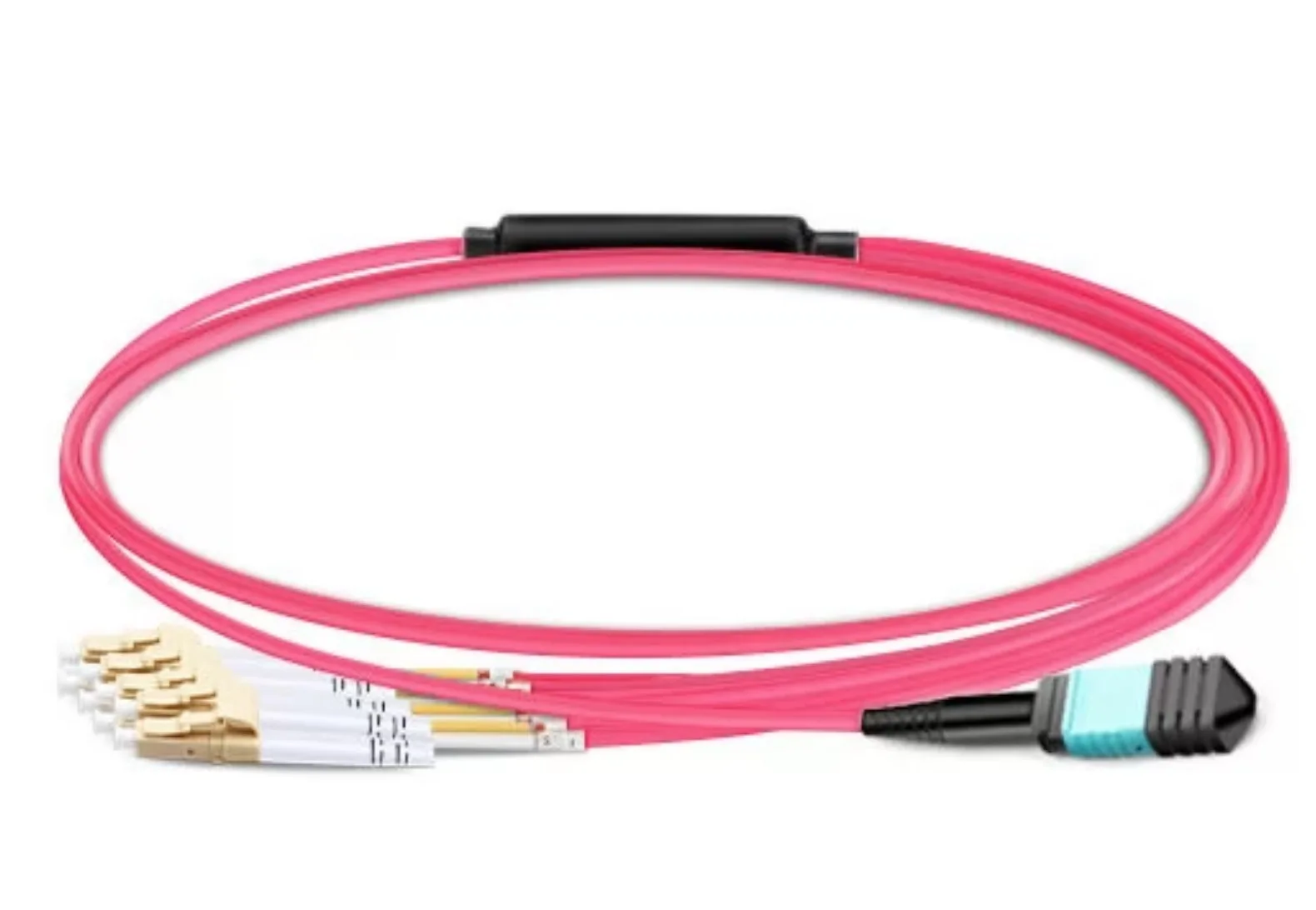 

Кабель-разветвитель MPO UPC Female на 4 LC UPC Duplex OM4 50/125, многомодовый, 8 волокон, тип B, LSZH, аква/фиолетовый