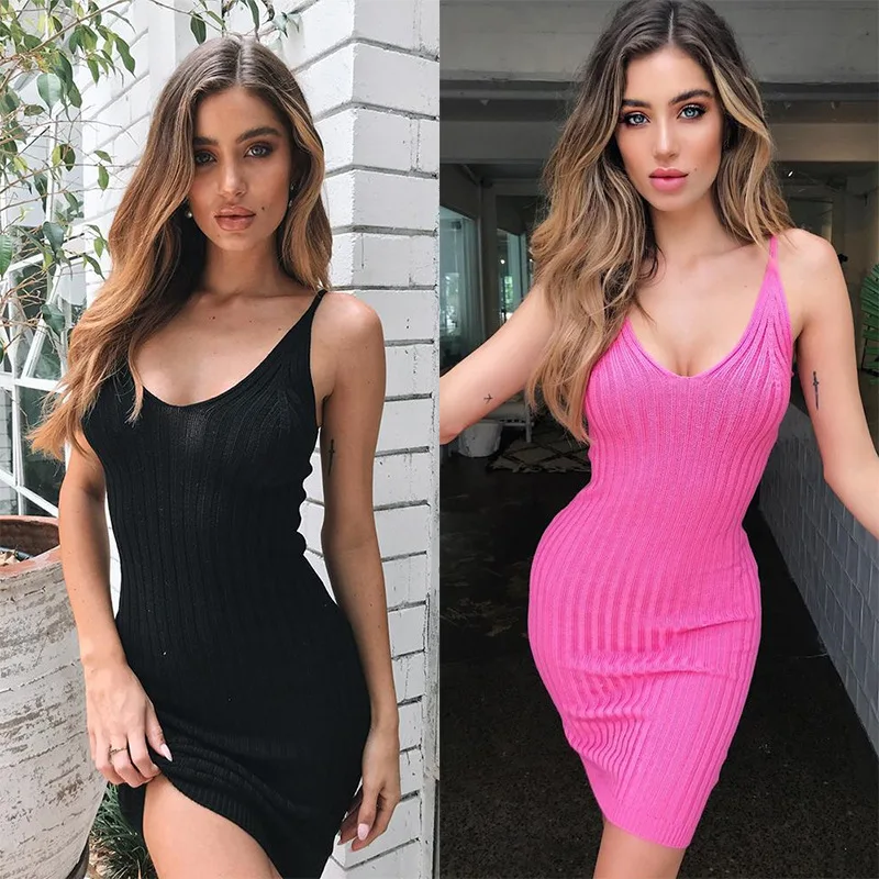 

SKMY Women Clothing Sexy Y2k Dress V-Neck Slim Fit Knitted Backless Spaghetti Strap Bodycon Dress Solid Color Party Clubwear