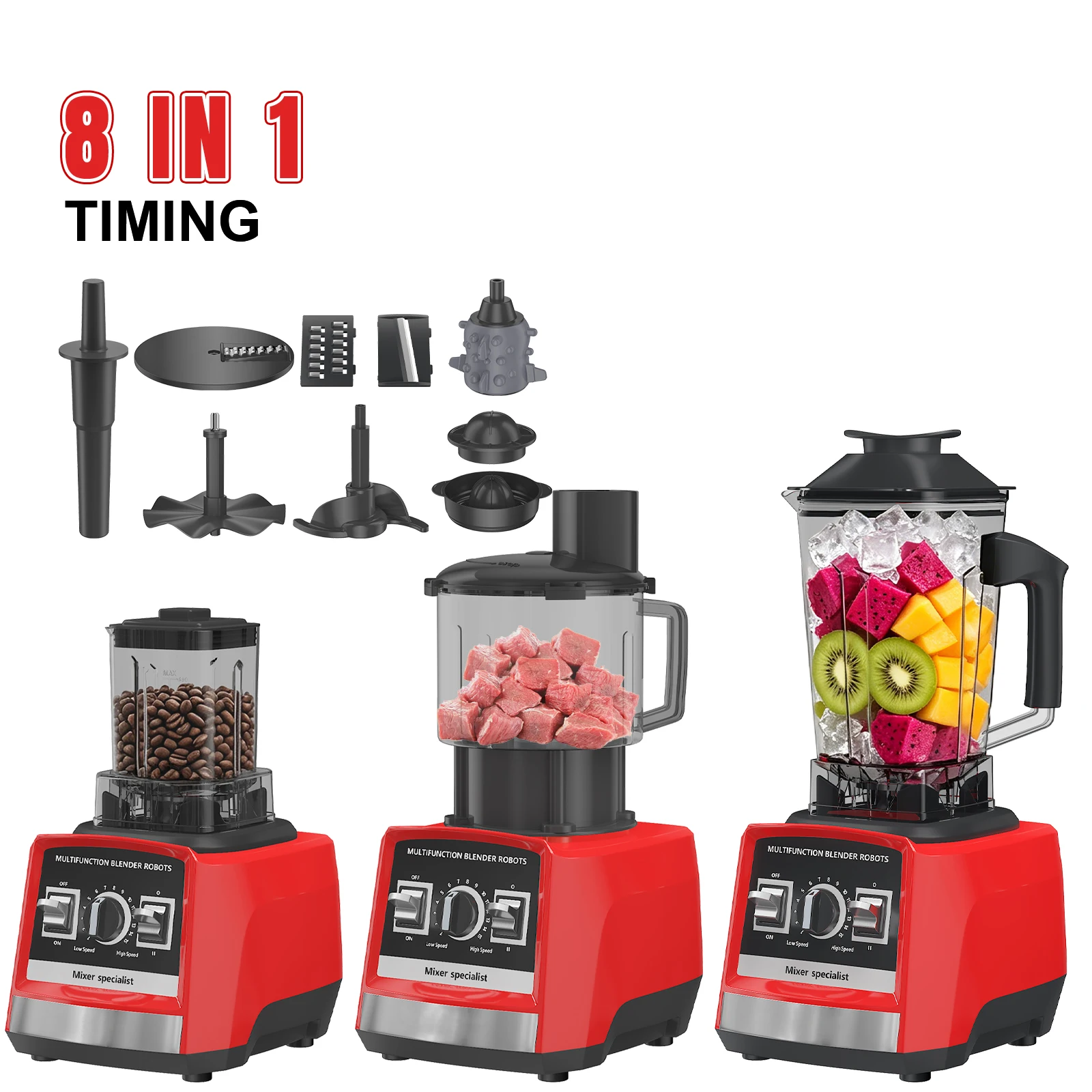 Robot culinaire 8-en-1 3L avec mixeur, hachoir à viande, presse-agrumes, moulin à épices, pétrin, trancheuse à légumes, éplucheur d'ail et mixeur à smoothies