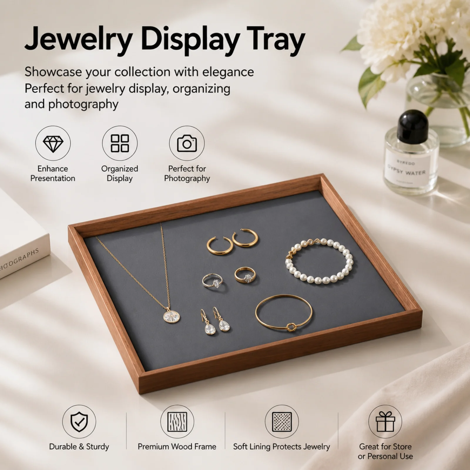 

Black Walnut Display Tray Minimalist Design Wooden Jewelry Tray Retro Wood Grain Platter Sturdy and Stable for Dressing Table