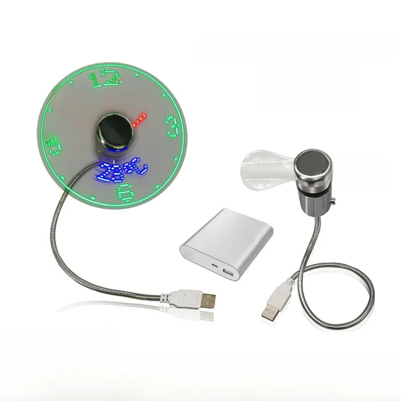 Mini ventilador USB e luz relógio, refrigerador portátil, moda verão, universal, 360 graus giratória