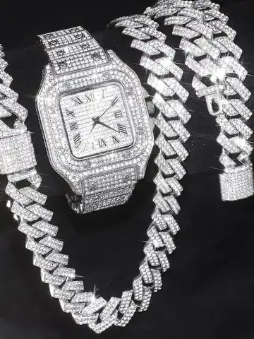 Gold Color Cuban Chain Watch for Men,Hip Hop Miami Curb,Iced Out Paved Rhinestones,Bling Rapper Necklace, Watch+Bracelet Jewelry