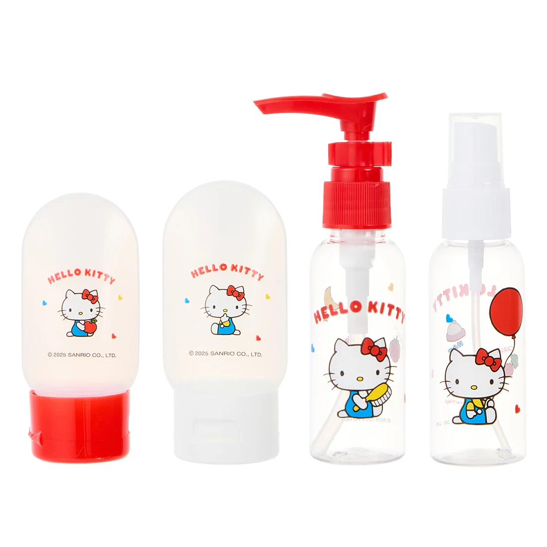 Conjunto de 4 Frascos de Viagem Hello Kitty, Kit de Higiene Pessoal Portátil e Recarregável, Frascos para Shampoo, Loção e Spray, Recipientes Cosméticos para Mulheres