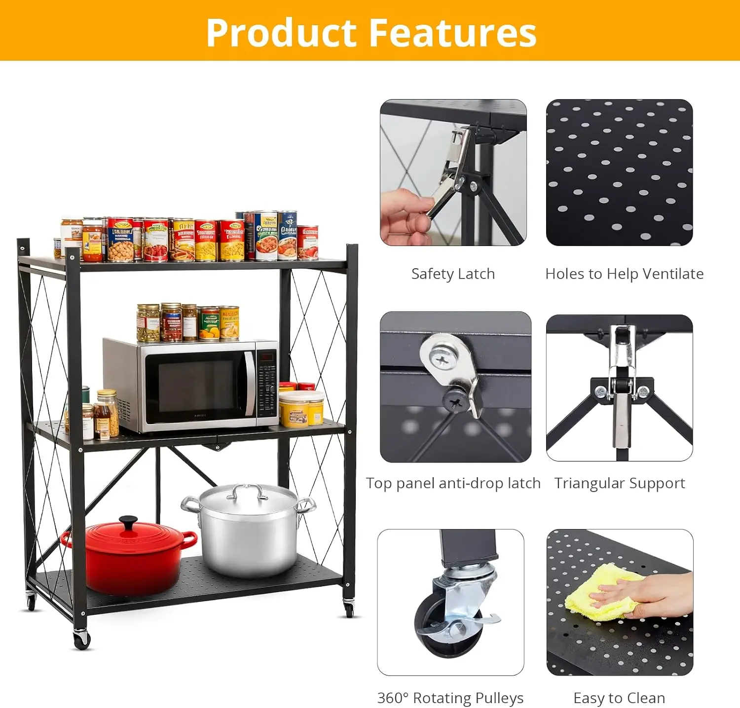 No Assembly Foldable Kitchen Storage Rack on Wheels, Heavy Duty Metal Microwave Oven Stand, Rolling Utility Cart, Space Saving Shelving Organizer for Kitchen Counter, Pantry, Home & Garage Storage, Black