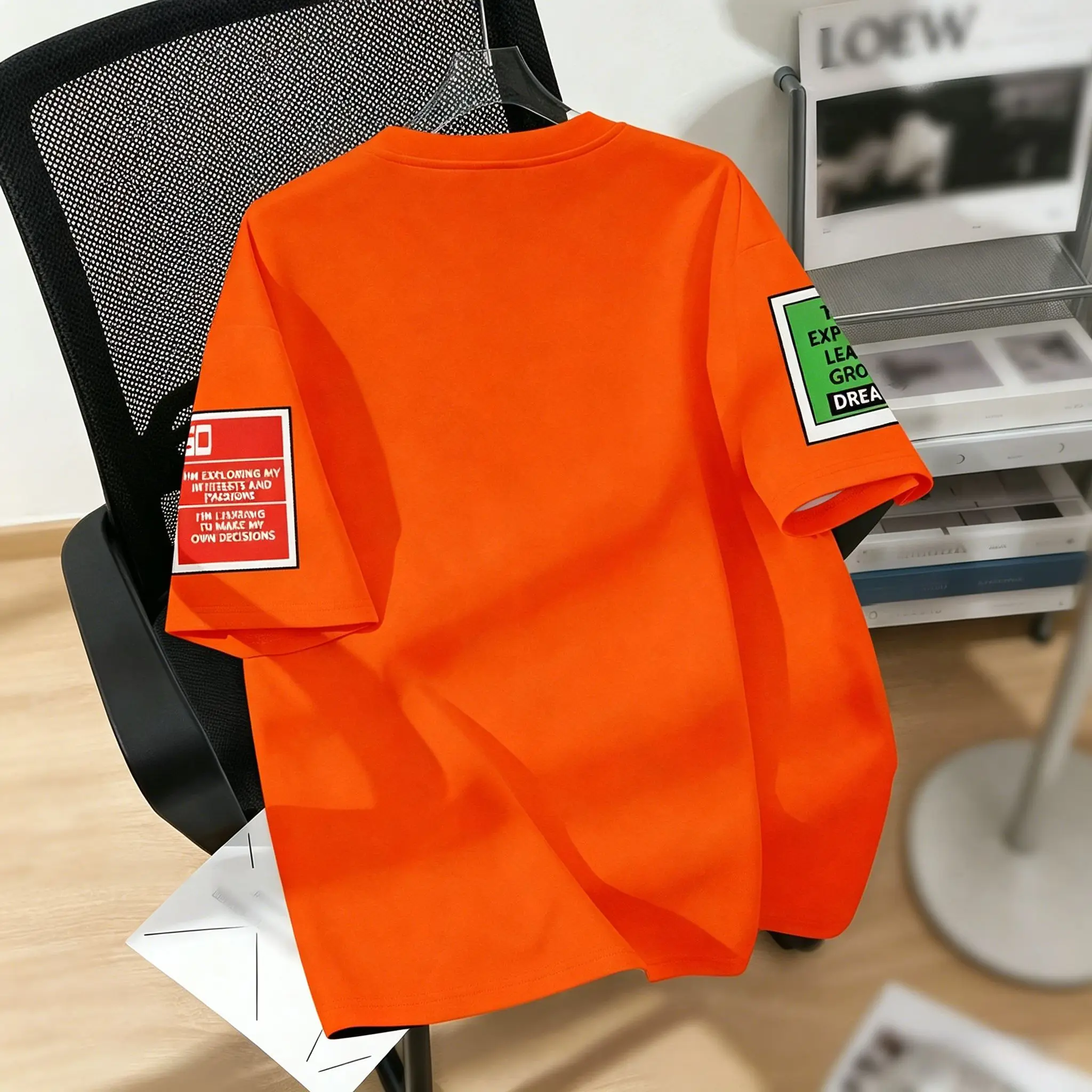 Men's Orange Motivational Quote Patchwork Sticker Graphic T-Shirt, Hope Dream Growth Smile Face Streetwear Short Sleeve Casual T