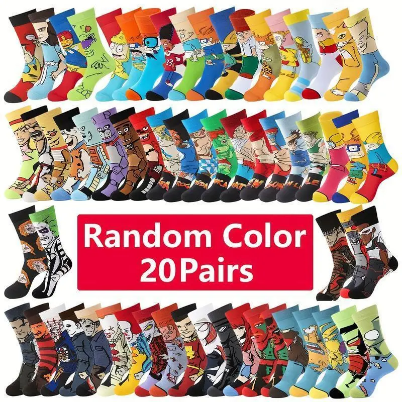 

Random Color 20 Pairs Men's Cartoon Anime Pattern Crew Socks Breathable Comfy Casual Socks for Men's Outdoor Wearing All Seasons