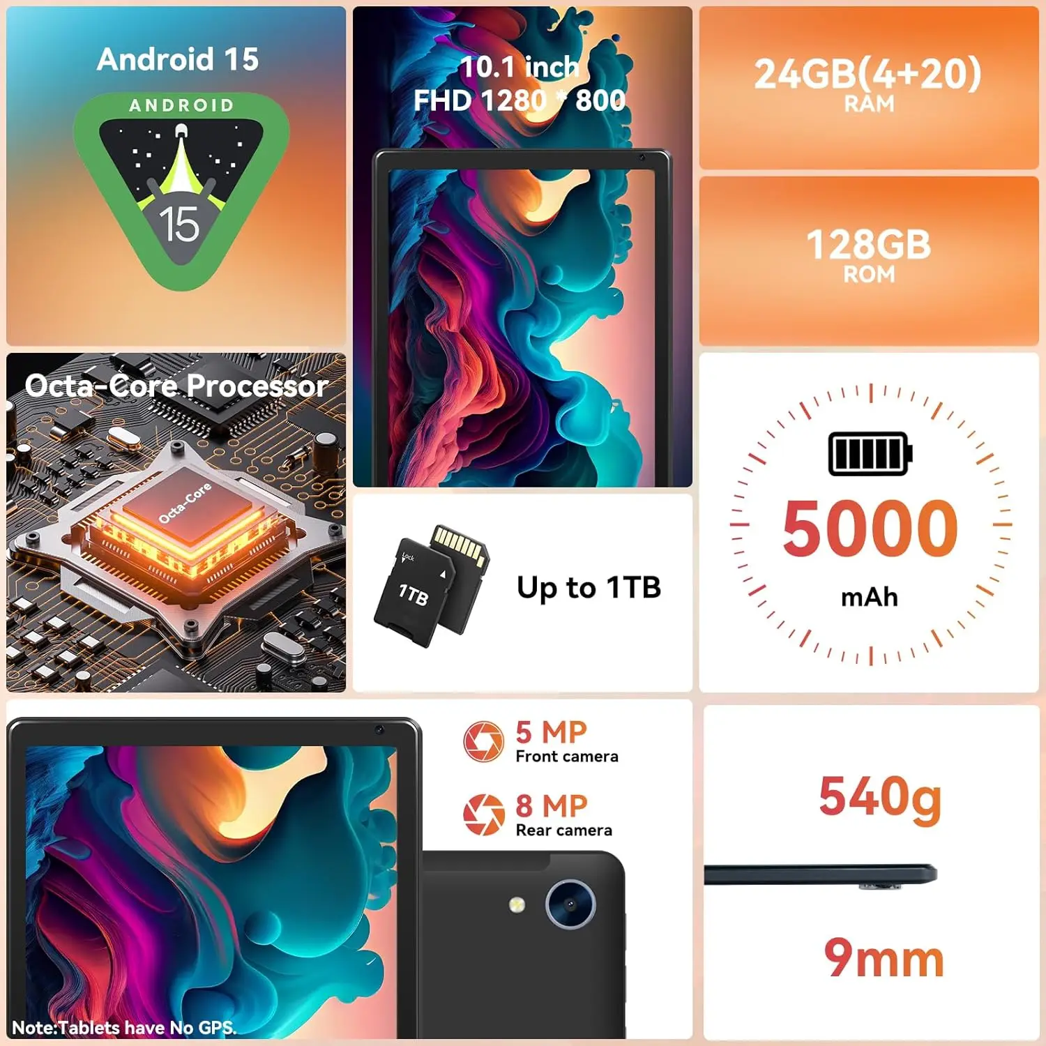 AEEZO 2025 안드로이드15 신형 10.1인치 옥타코어 24GB RAM+128GB ROM HD IPS 터치스크린 WIFI6+BT5.0 스타일러스 키보드 마우스 헤드폰