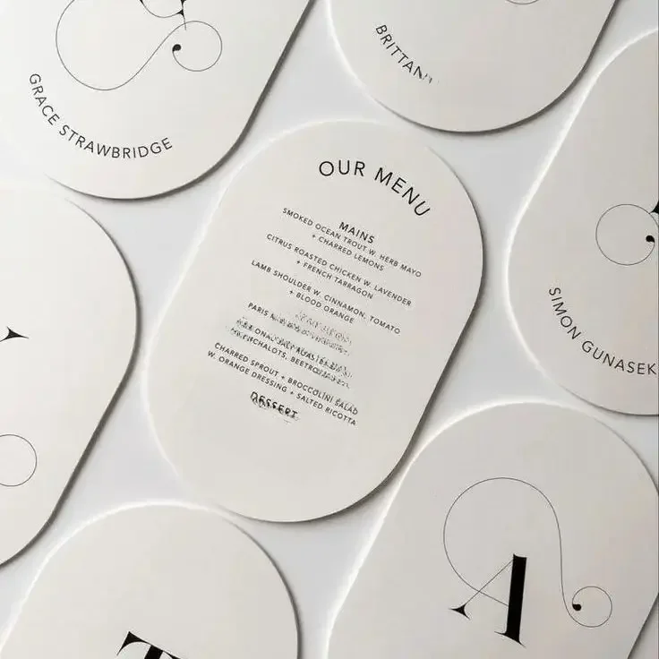 Benutzerdefinierte Doppelbogen-gedruckte „Save The Date“-Karte, moderne ovale Postkarte, elegante
