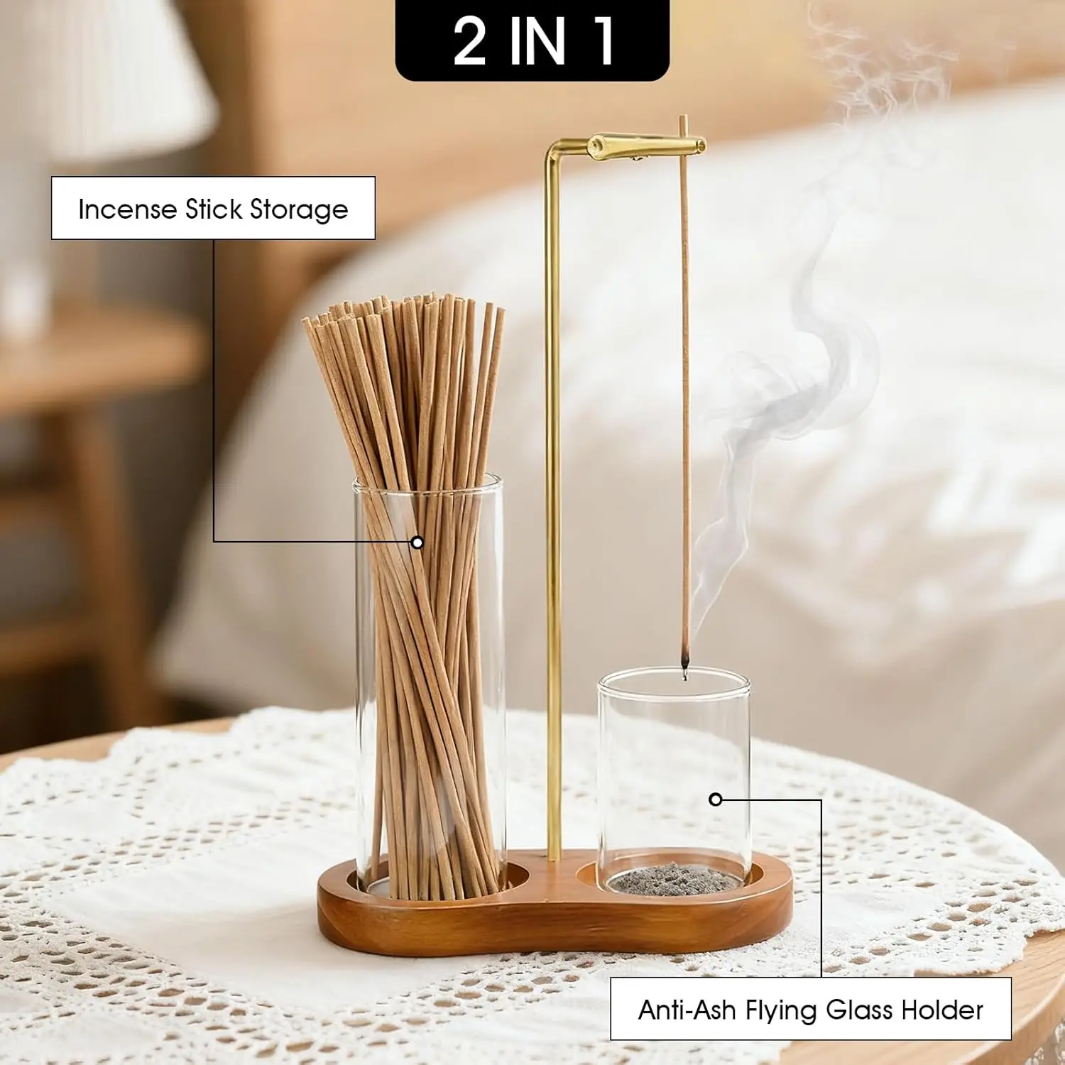 Wooden Base Incense Stick Holder with Glass Ash Catcher Adjustable Metal Incense Hanger Modern Stick Incense Burner Home Meditation Aromatherapy Decor