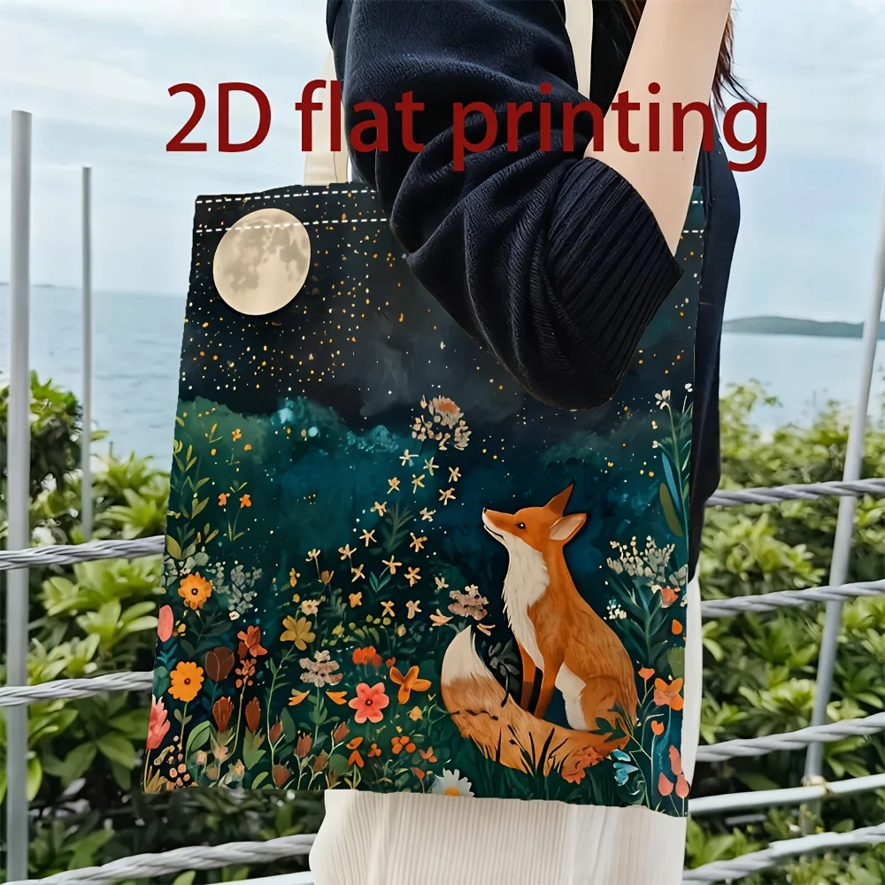 1 Piece Forest Moonlight Fox Floral Canvas Shoulder Bag, Lightweight Foldable Tote Bag with Fixed Shoulder Strap, Reusable Shopping Bag, Perfect Gift for Commuting, Travel, Shopping, School, and Holidays