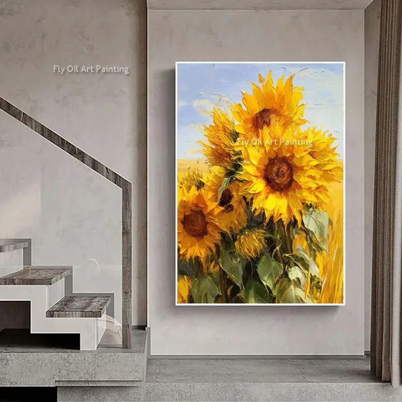 Modern Design Hand Drawn Yellow Green Sunflowers Canvas Thick Oil Painting For Hotel Decor Popular Florals Field Home Wall Art