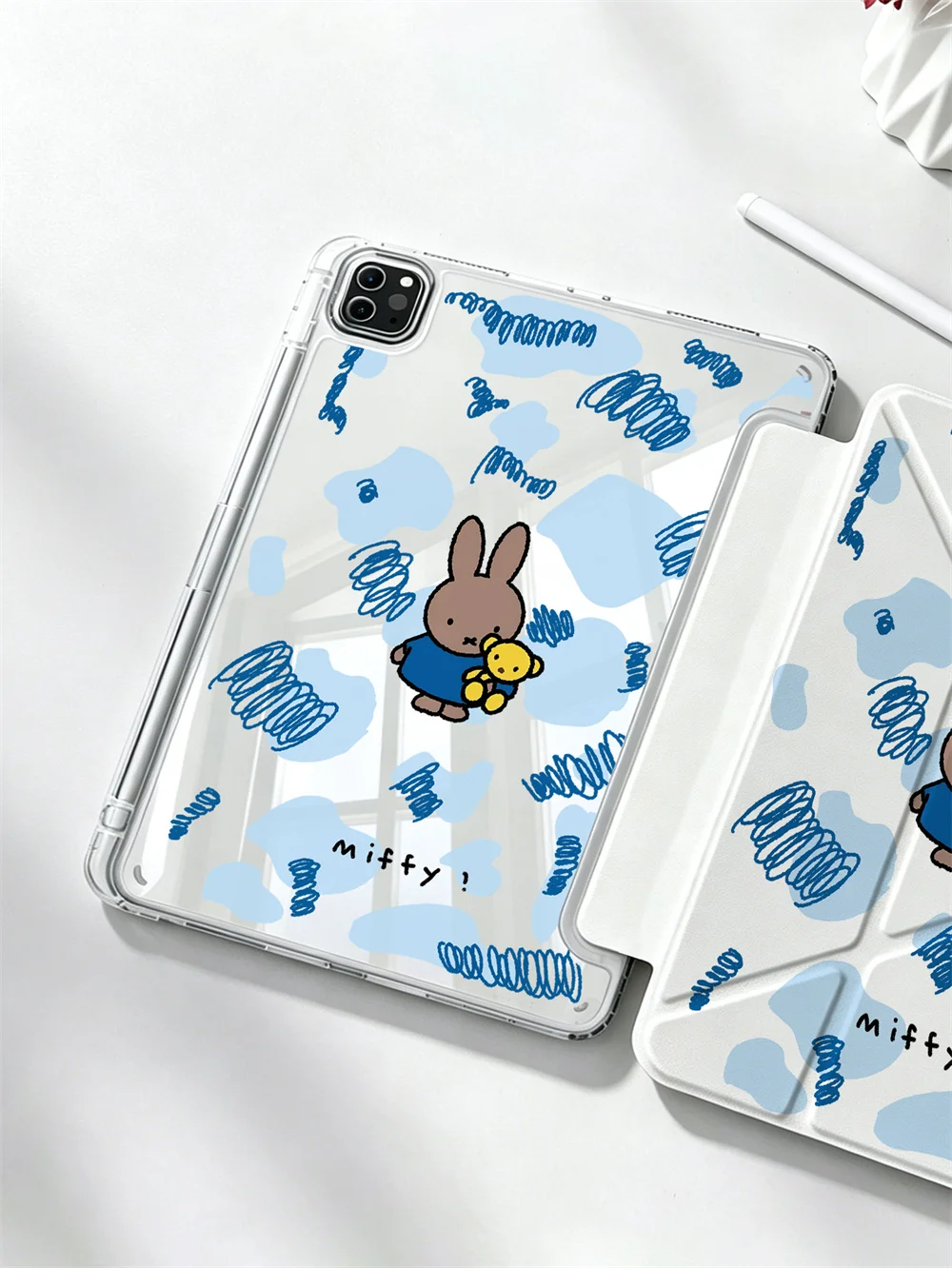 Kawaii Miffy Grid Star Print Crystal Clear Y-fold Double-sided Print Case For iPad Pro 11 Air4 Air5 10 Gen With Pencil Slot Shoc