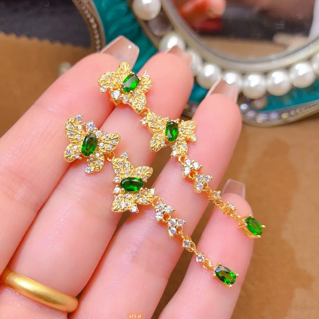 boutique jewelry, natural diopside earrings for women, 3x5mm electroplated 18K gold, to give as a birthday party, wedding, Gift