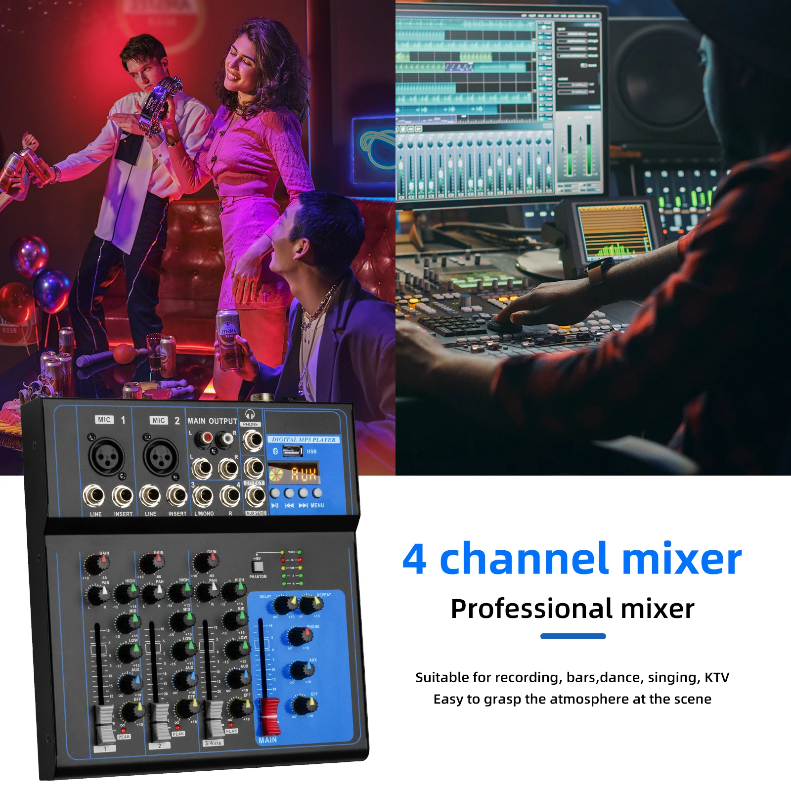 جهاز مزج الصوت الاحترافي Depusheng FD4 مع 4 قنوات وحدة تحكم خلط DJ المحمولة مع واجهة USB للأداء