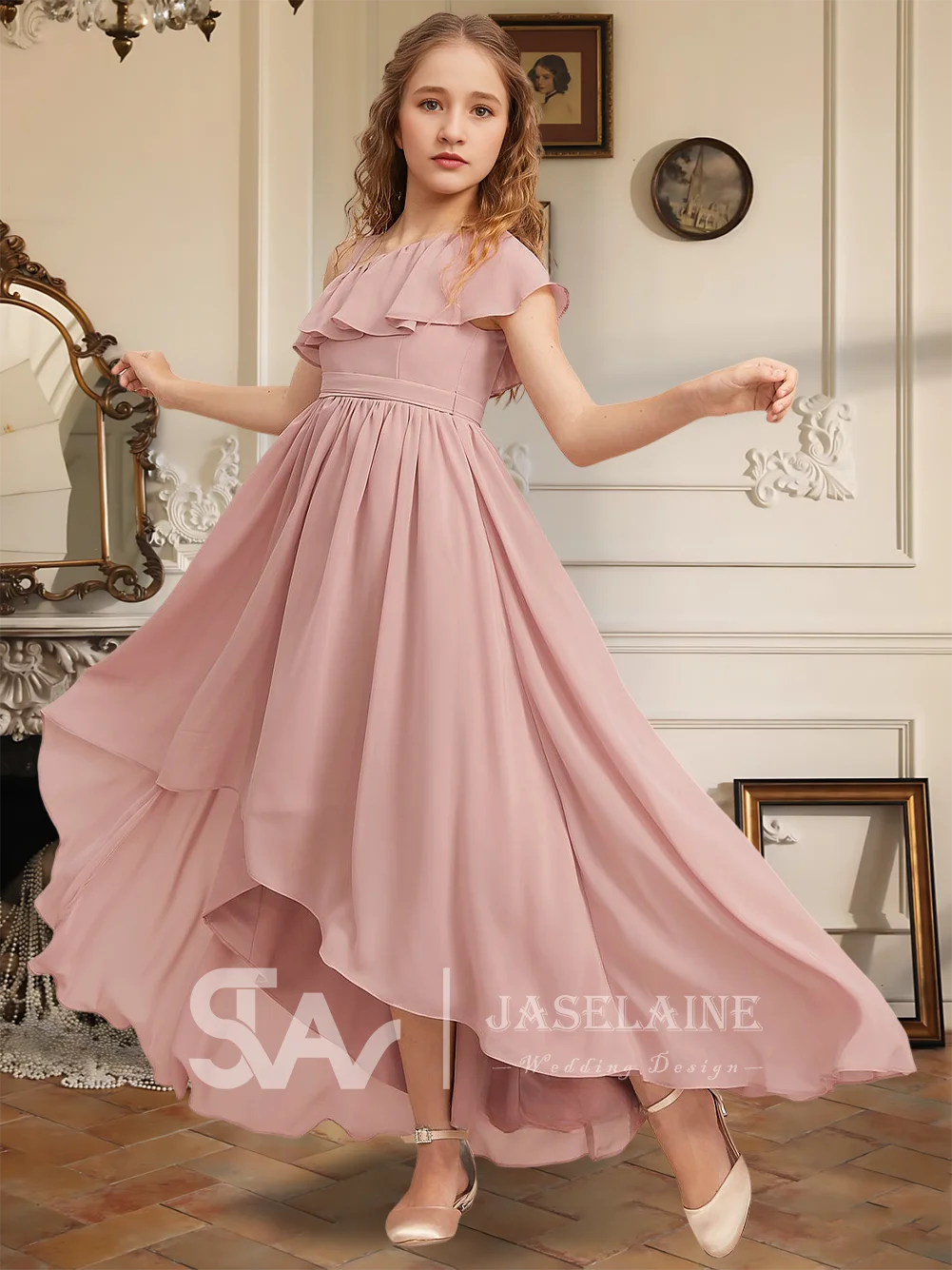 MA A-Line Asymmetrical Chiffon Junior Bridesmaid Dress Flower Girl Dress With Side Zip Belt Sash Girls Party Formal Wedding