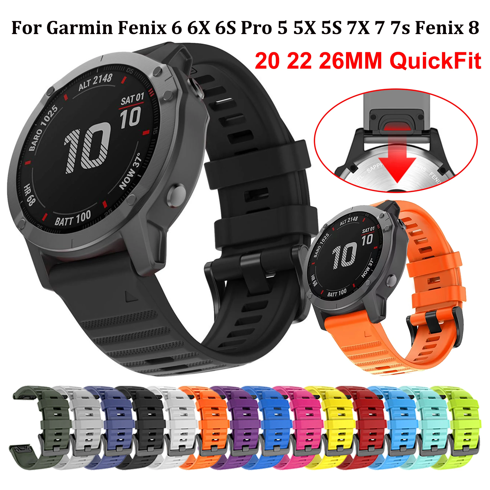 

20 22 26MM Silicone Watch Band Strap For Garmin Fenix Epix Pro 5S 5 Plus Bracelet Wristband Fenix 6X 6 Pro 7X 7 7S 8 47mm 51mm E