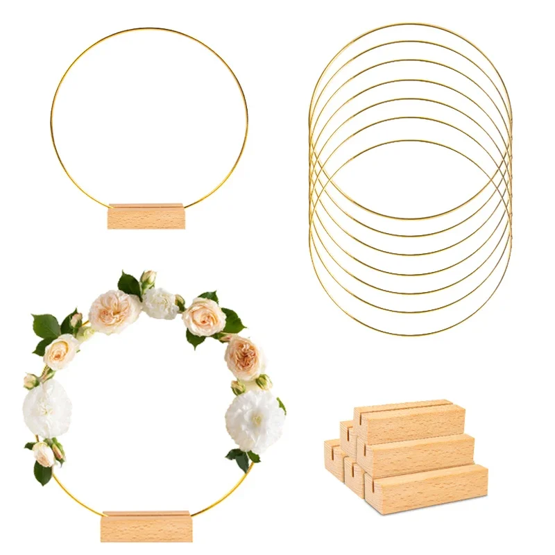 Gouden Metalen Bloemen Hoepel Ringen Met Houten Kaarthouder Tafeldecoratie Voor Bruiloft Centerpieces Kerst Diy Krans Bloem Slinger - afbeelding 2