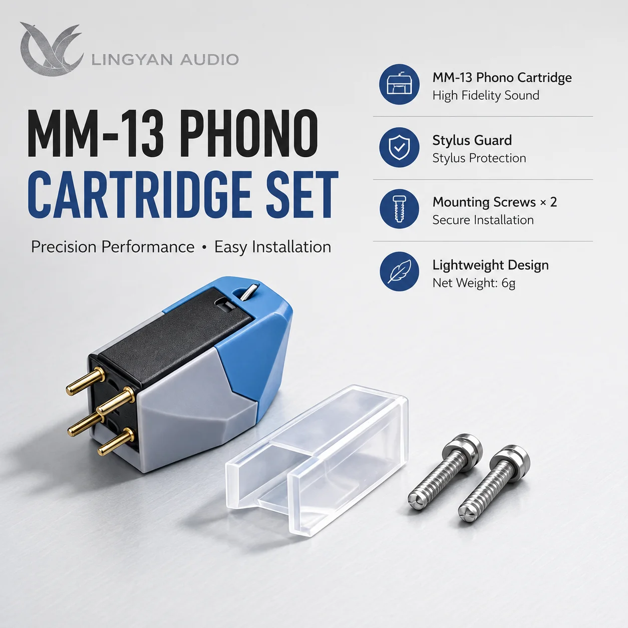 Entry‑Level MM Phono Cartridge,MM‑13,Smooth Sound,2.2g Tracking Force,2‑Screw Mount,Ideal for Turntable Beginners