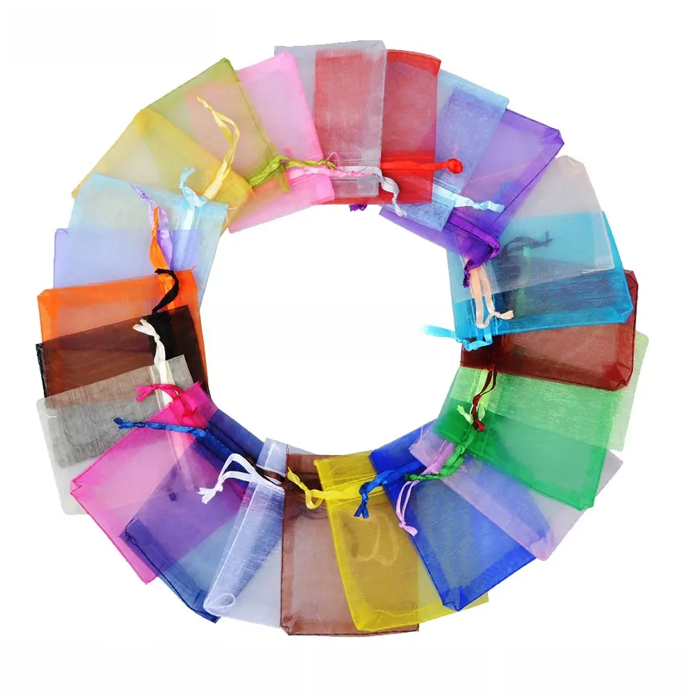 100 stücke 24 Farben Schmuck verpackung Tasche 5*7 7*9 9*12 10*15cm Organza Taschen Geschenk Aufbewahrung Hochzeit Kordel zug Beutel Großhandel