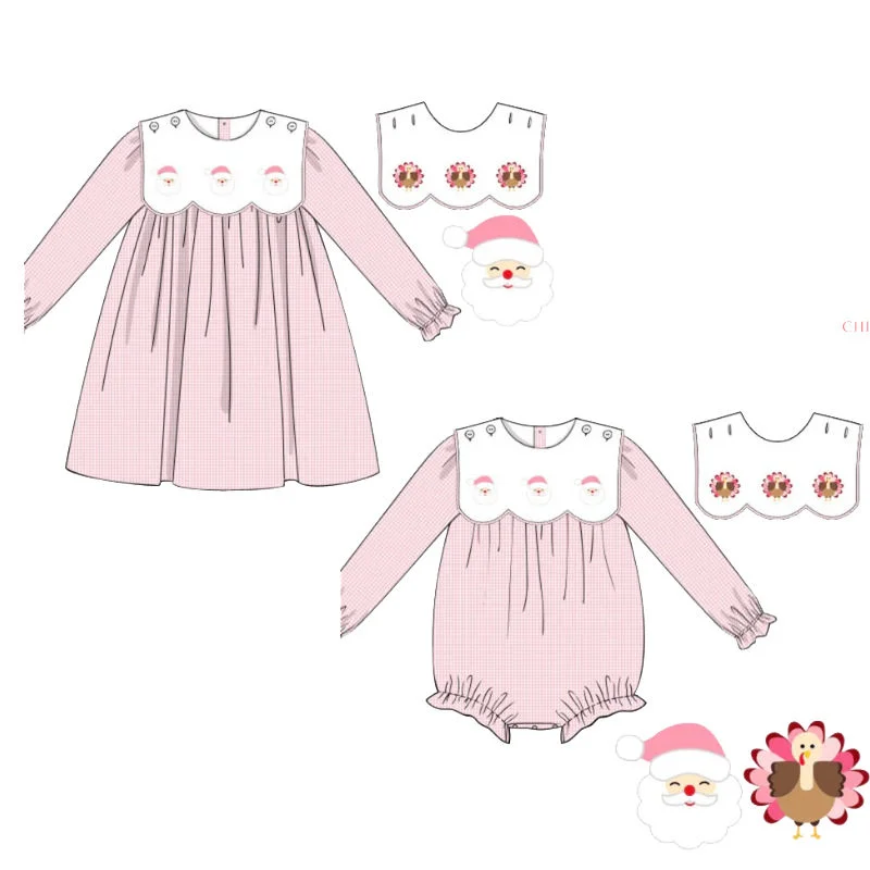 Thanksgiving and Christmas Boutique Childrens set sister style two-piece set Santa Claus and Chicken print girl dress and romper