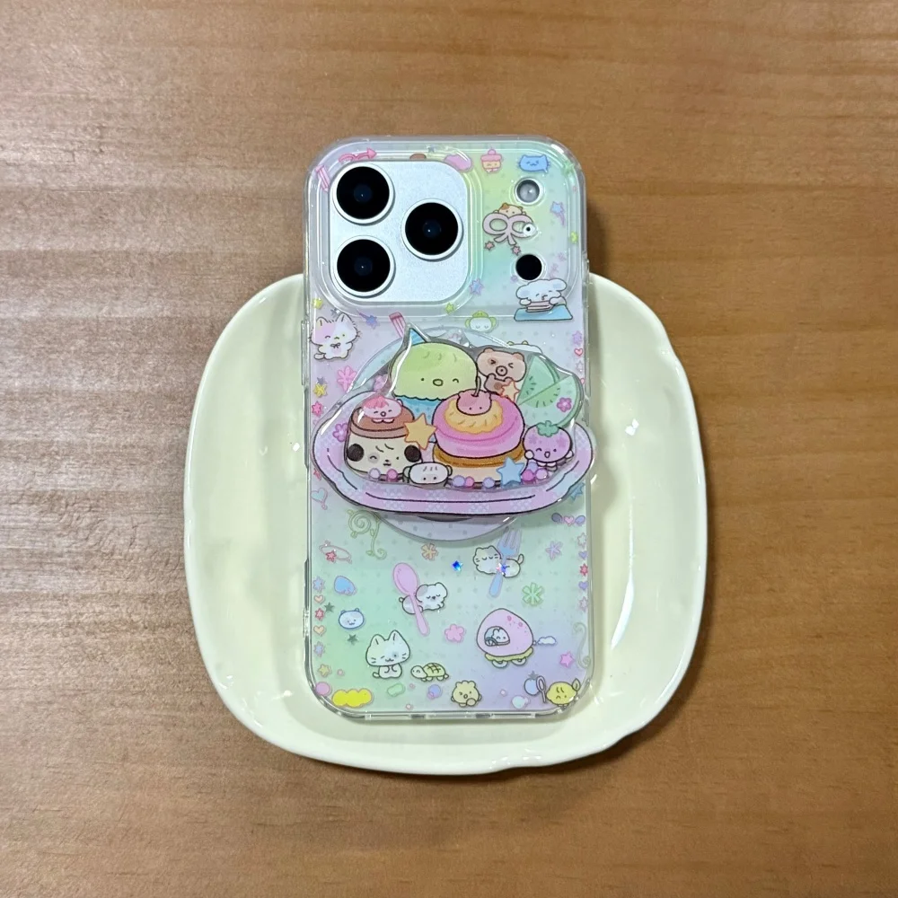 Cute cartoon food with magnetic holder mobile case suitable for iPhone 15 14 13 16 17 Pro Max Korean shockproof protective case