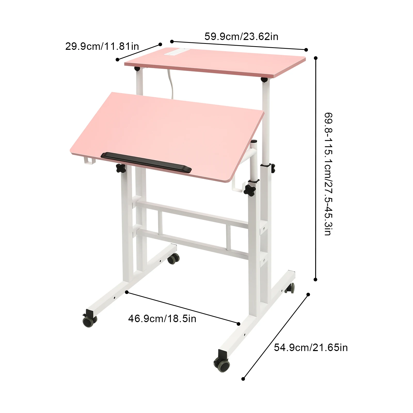 

Mobile Stand up Desk, Small Adjustable Standing Desk with Wheels Home Office Workstation, Portable Rolling Desk Laptop Cart Pink