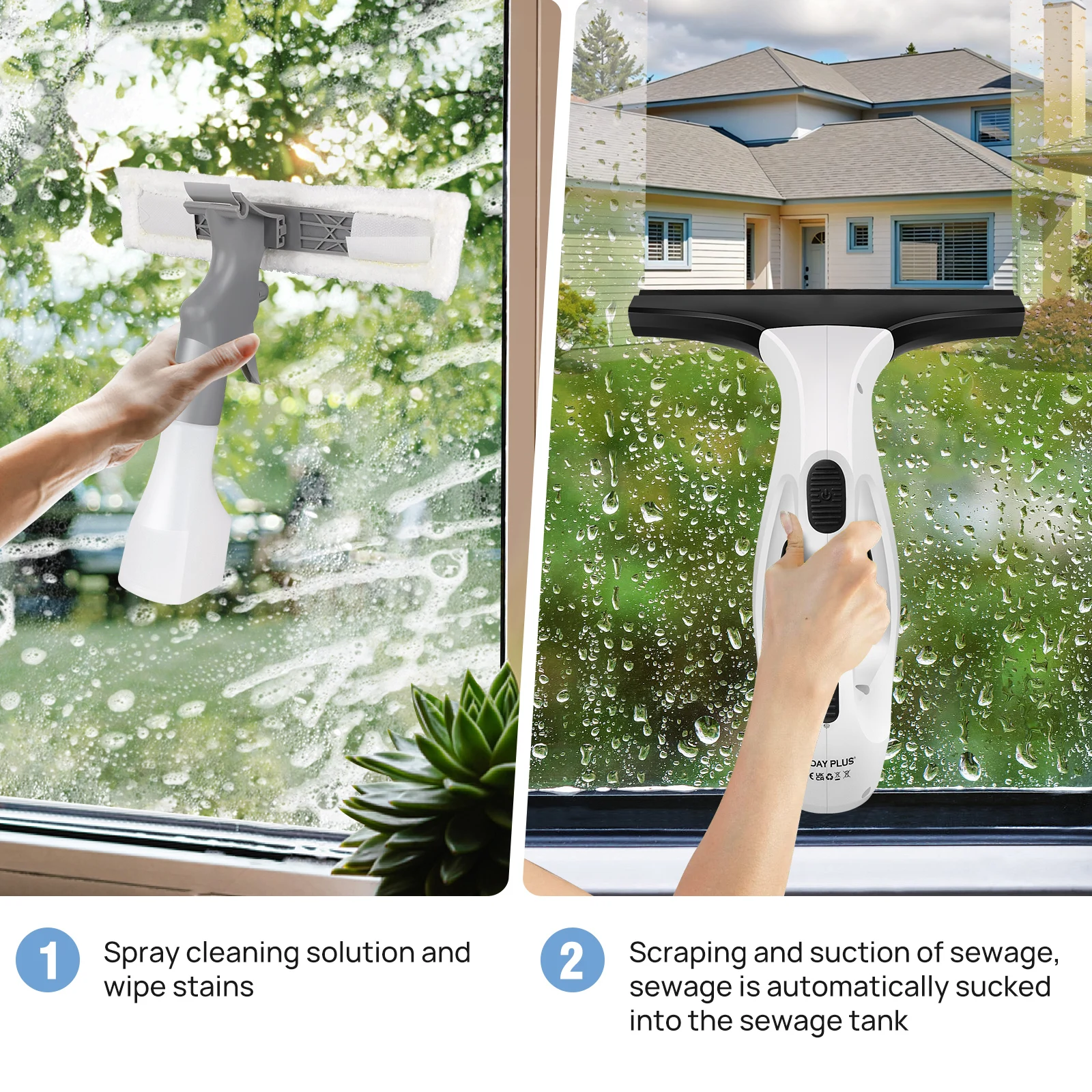 Akku-Fensterwischer 3500 mAh mit 2-in-1 Mikrofasertuch für streifenfreie Fenster
