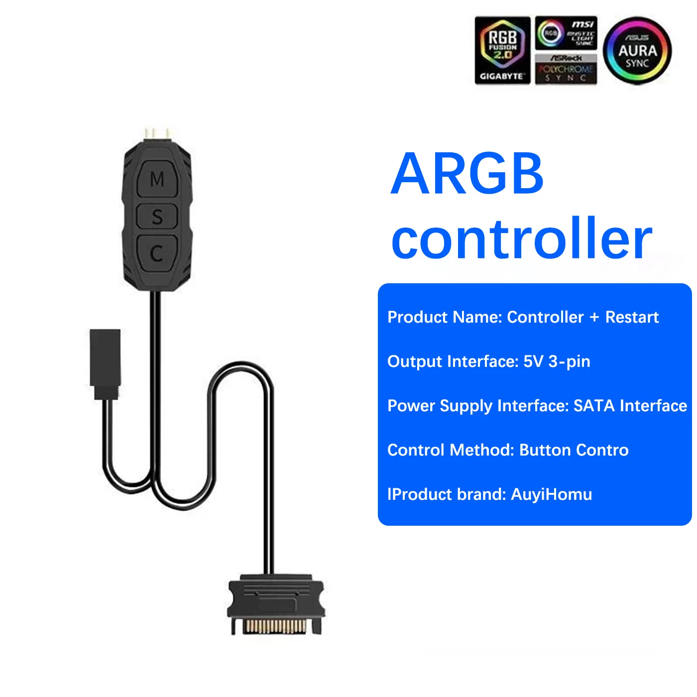 

AuyiHomu 1/2 шт. 5V 3-контактный контроллер ARGB с питанием от SATA, блок управления ARGB LED с кнопками M/S/C для ПК