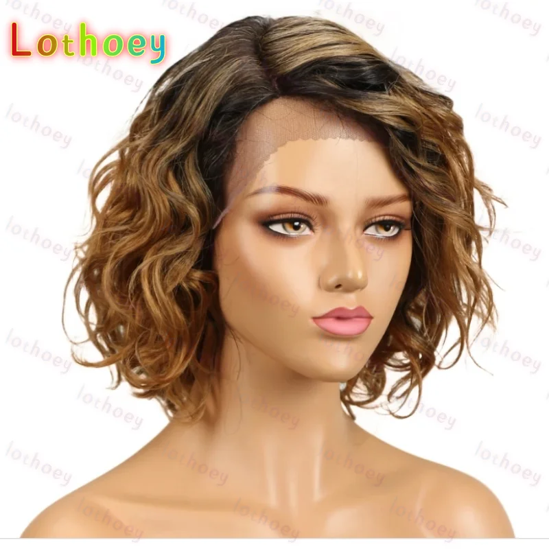 

Short Wavy Bob Human Hair Lace Wig For Women Brazilian Remy Hair Glueless Ombre Gold Blonde Curly Colored Ready Wear Wigs