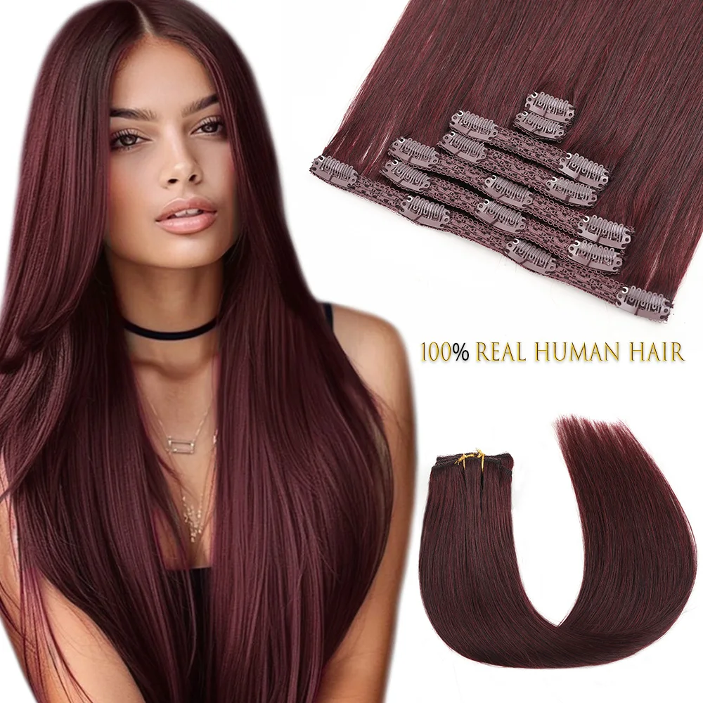 Clip In Hair Extensions Real Human Hair 12-18 Inch 7pcs Human Hair Extension Clip Ins Burgundy Wine Red Long Full Head For Women