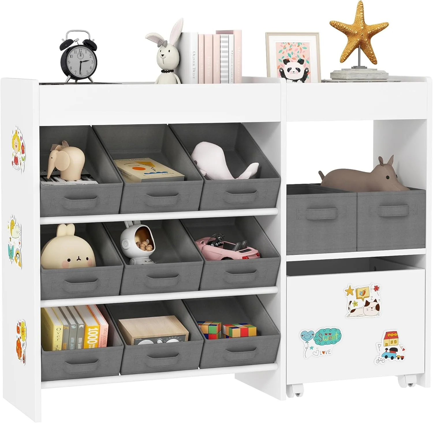 

Toy Storage Organizer with 6 Shelves and 11 Fabric Bins, Moveable Cabinet and 3 Stickers, Kids Bookcase for Nursery, Playro