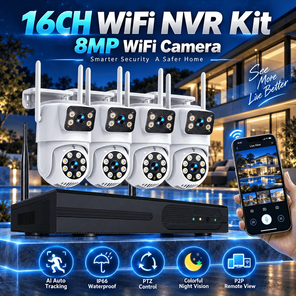 Kit NVR WiFi 5MP a 16 canali con 4 telecamere bullet wireless a doppia lente 4K 8MP, sistema di sicurezza per esterni con funzione PTZ, tracciamento automatico, visione notturna, sistema di